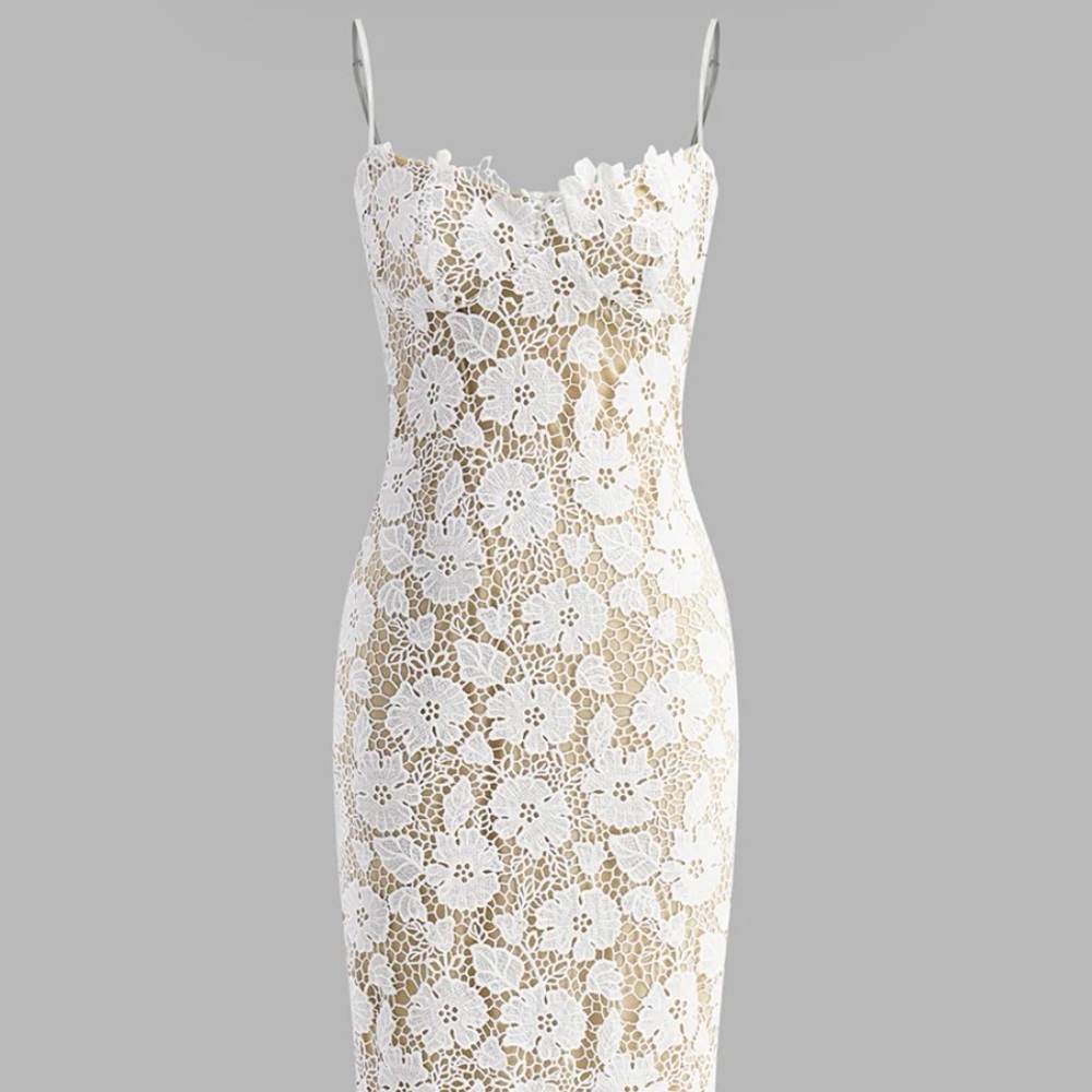 Commense White Floral Lace Maxi Dress with Nude Underlay